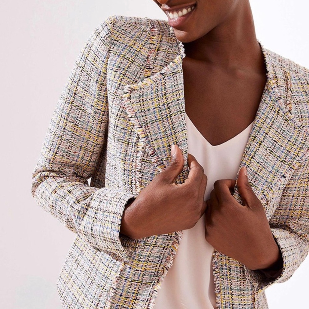 Loft Multi-Color Frayed Tweed Open Front Jacket
